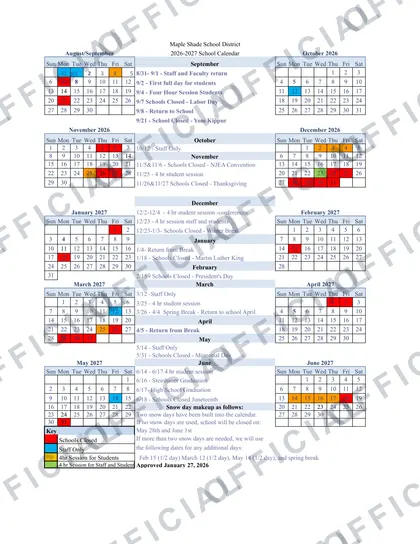 Maple Shade School District 2026-27 calendar
