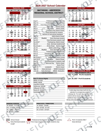 MATAWAN - ABERDEEN REGIONAL SCHOOL DISTRICT 2026-27 calendar