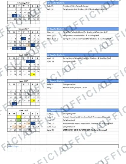 Middlesex Borough Public Schools 2026-27 calendar