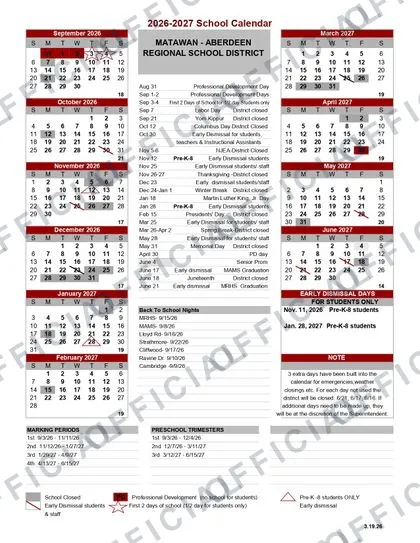Montgomery Township School District 2026-27 calendar