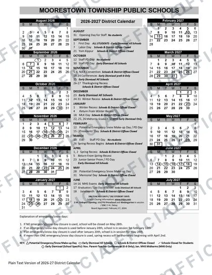 Moorestown Township Public Schools 2026-27 calendar