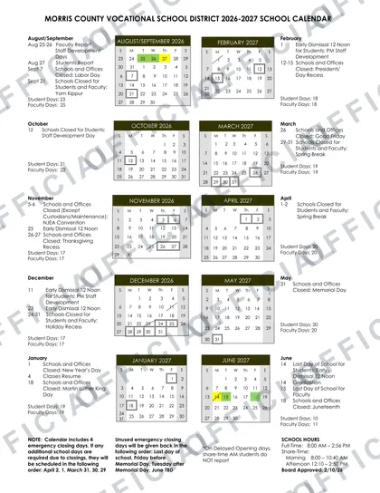 MORRIS COUNTY VOCATIONAL SCHOOL DISTRICT 2026-27 calendar