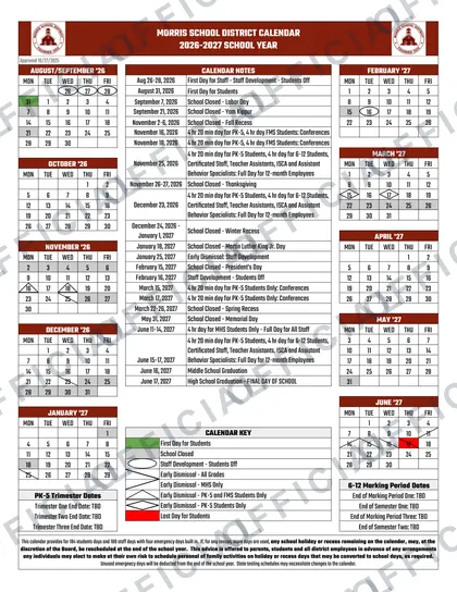 Morris School District 2026-27 calendar
