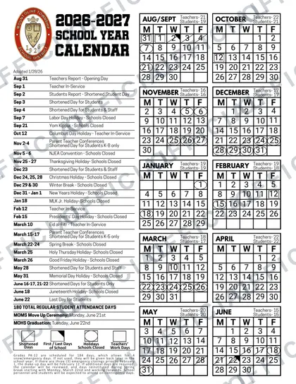 Mount Olive Township School District 2026-27 calendar