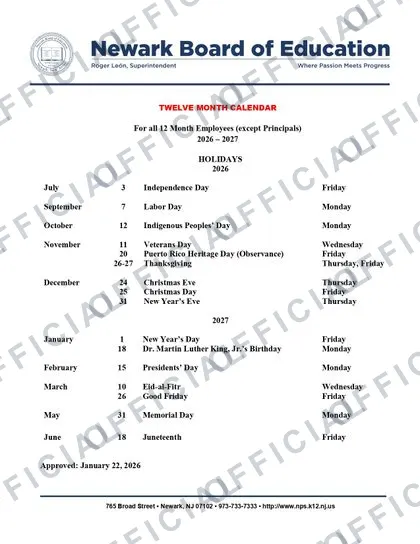 Newark Board of Education 2026-27 calendar
