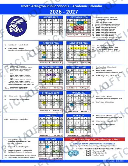 North Arlington Public Schools 2026-27 calendar