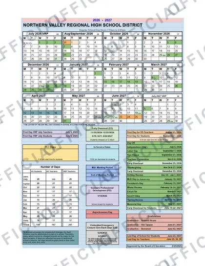 NORTHERN VALLEY REGIONAL HIGH SCHOOL 2026-27 calendar