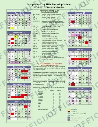 Parsippany-Troy Hills Township 2026-27 calendar
