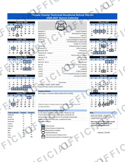 Passaic County Technical-Vocational School District 2026-27 calendar