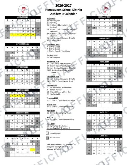 Pennsauken School District 2026-27 calendar