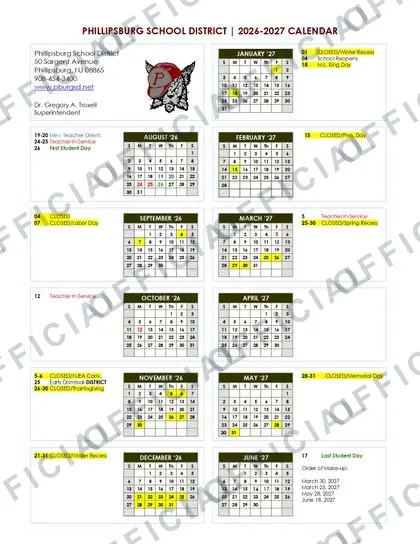 Phillipsburg School District 2026-27 calendar