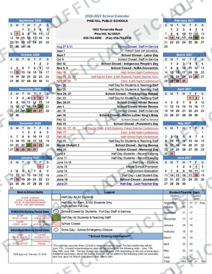 PINE HILL PUBLIC SCHOOLS 2026-27 calendar
