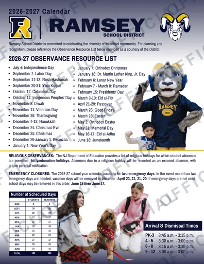 Ramsey School District 2026-27 calendar