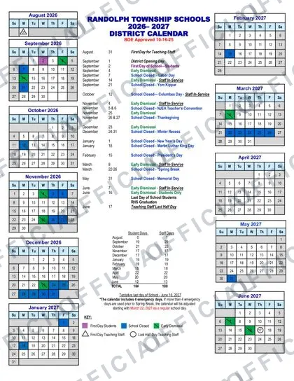 RANDOLPH TOWNSHIP SCHOOLS 2026-27 calendar