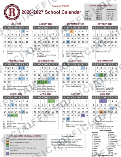 Ridgewood Public Schools 2026-27 calendar