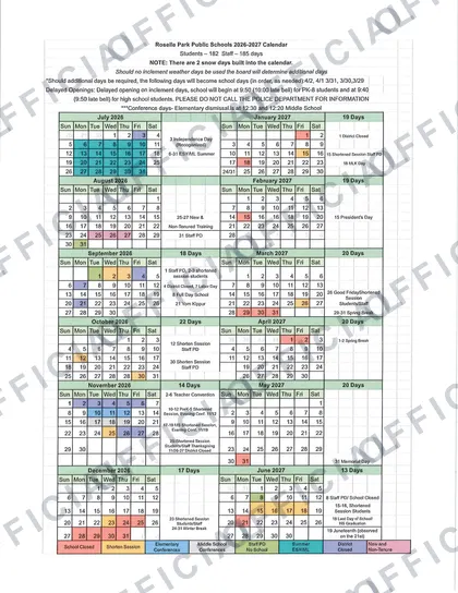 Roselle Park Public Schools 2026-27 calendar