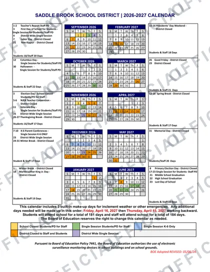 Saddle Brook School District 2026-27 calendar