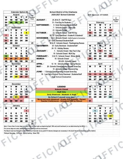 School District of the Chatham 2026-27 calendar
