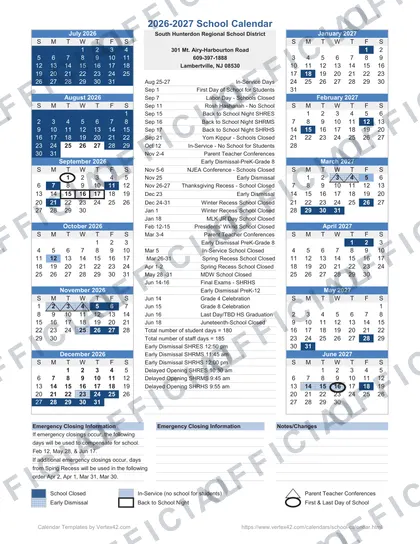 South Hunterdon Regional School District 2026-27 calendar