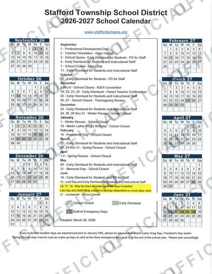 Stafford Township School District 2026-27 calendar