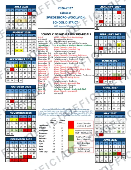 SWEDESBORO-WOOLWICH SCHOOL DISTRICT 2026-27 calendar