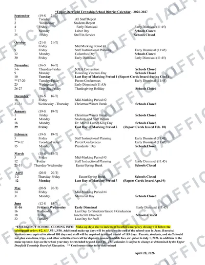 Upper Deerfield Township School District 2026-27 calendar