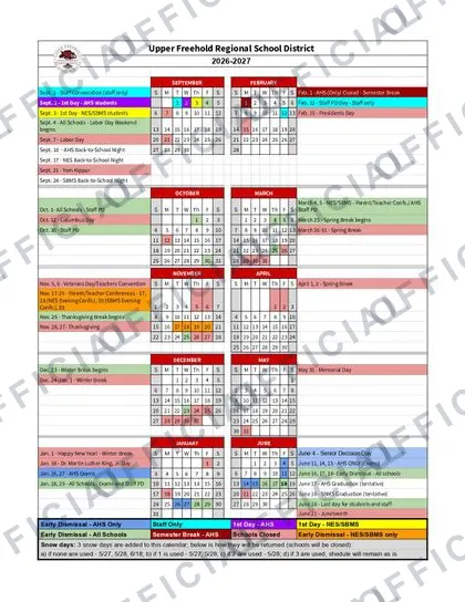 Upper Freehold Regional School District 2026-27 calendar