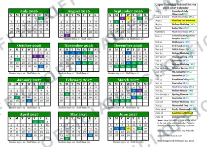 Upper Township School District 2026-27 calendar