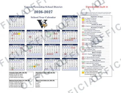 Vernon Township School District 2026-27 calendar