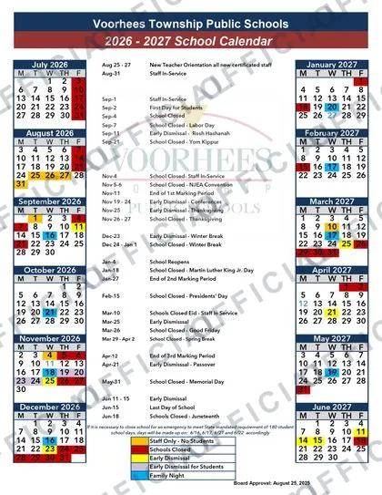 Voorhees Township Public Schools 2026-27 calendar