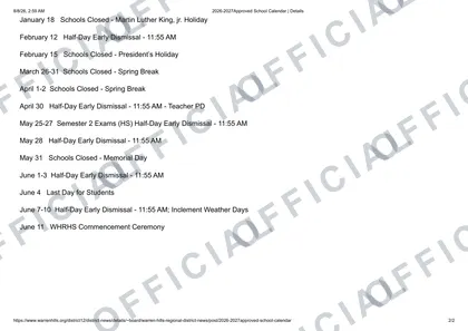 Warren Hills Regional School District 2026-27 calendar