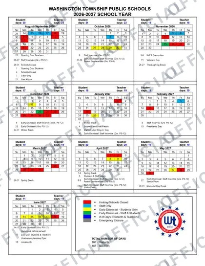 Washington Township Public Schools 2026-27 calendar