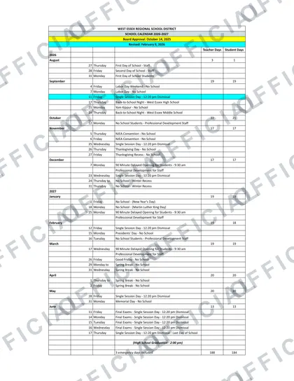 West Essex Regional School District 2026-27 calendar