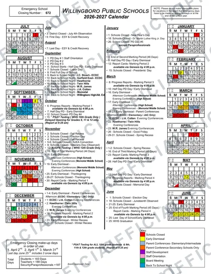 Willingboro Public Schools 2026-27 calendar