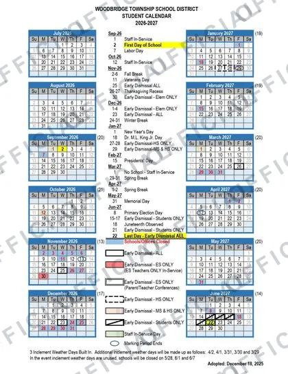 WOODBRIDGE TOWNSHIP SCHOOL DISTRICT 2026-27 calendar
