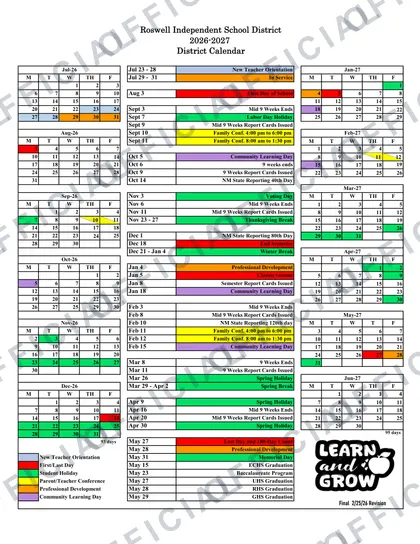 Roswell Independent School District ISD 2026-27 calendar