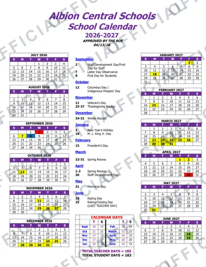 Albion Central Schools 2026-27 calendar