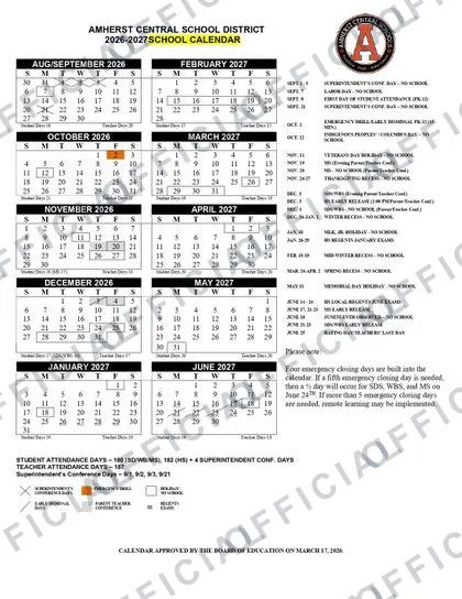 AMHERST CENTRAL SCHOOL DISTRICT 2026-27 calendar