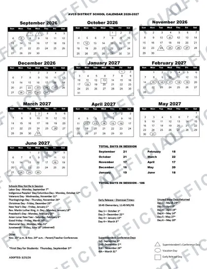 AVCS DISTRICT 2026-27 calendar