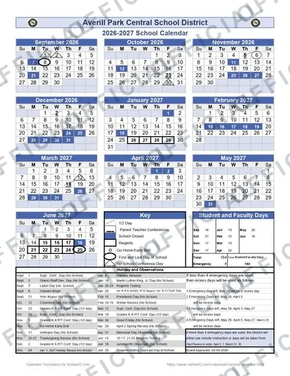 Averill Park Central School District 2026-27 calendar