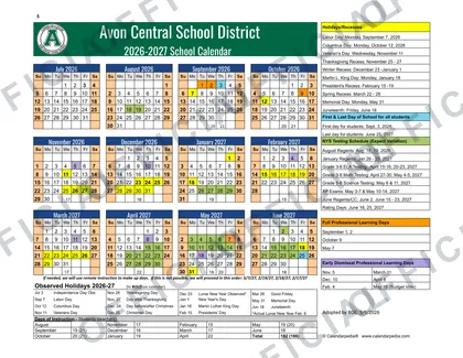 Avon Central School District 2026-27 calendar
