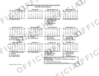 Bayport-Blue Point Union Free School District 2026-27 calendar