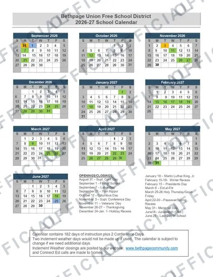 Bethpage Union Free School District 2026-27 calendar