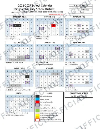 Binghamton City School District 2026-27 calendar