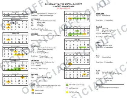 Briarcliff Manor School District 2026-27 calendar