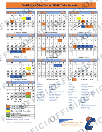 Catskill Central School District 2026-27 calendar