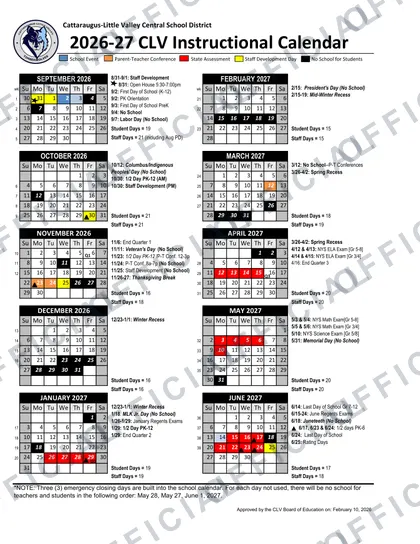 Cattaraugus-Little Valley Central School District 2026-27 calendar