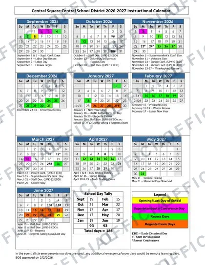 Central Square Central School District 2026-27 calendar