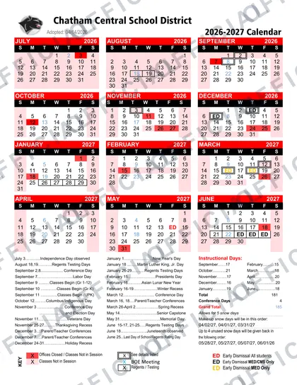 Chatham Central School District 2026-27 calendar