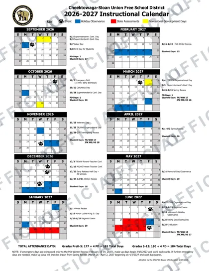 Cheektowaga-Sloan Union Free School District 2026-27 calendar